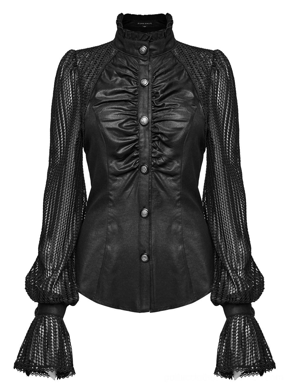 Black gothic pleated blouse front flat lay showing structured stand collar and vintage metal button accents