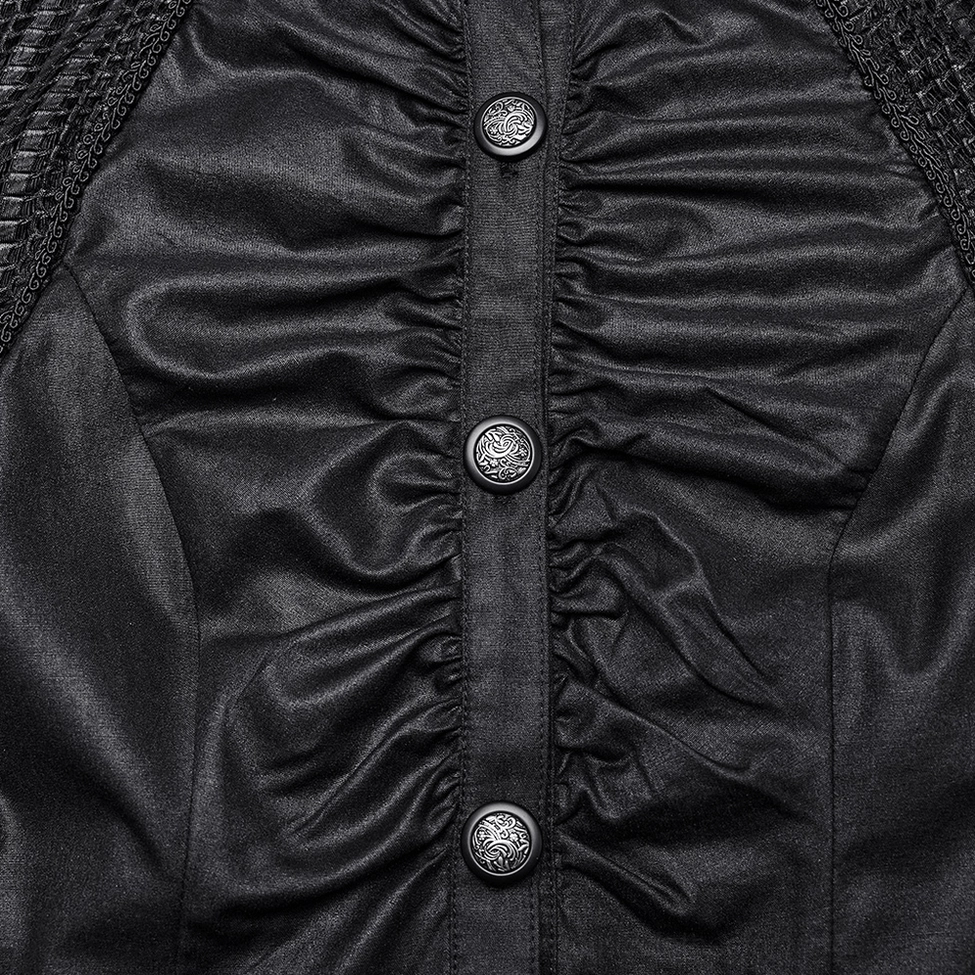 Close-up of black gothic pleated blouse front placket showing ruched fabric and vintage button construction