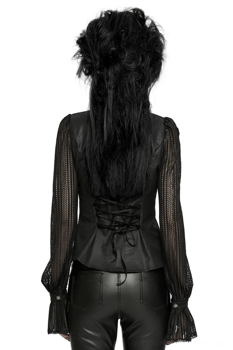 Black gothic pleated blouse back view showcasing lace-up corset back and dramatic mesh lantern sleeves