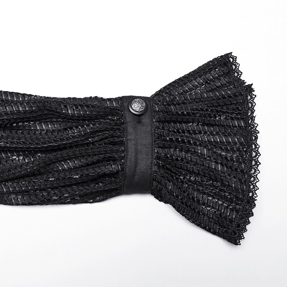 Close-up detail of black gothic blouse mesh lantern sleeve cuff with decorative lace ruffle and metal button