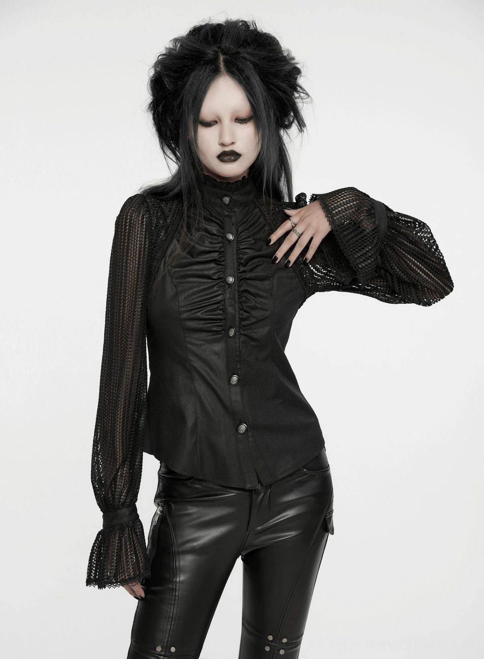 Black gothic pleated blouse alternate angle view highlighting dramatic mesh lantern sleeve volume and structured design