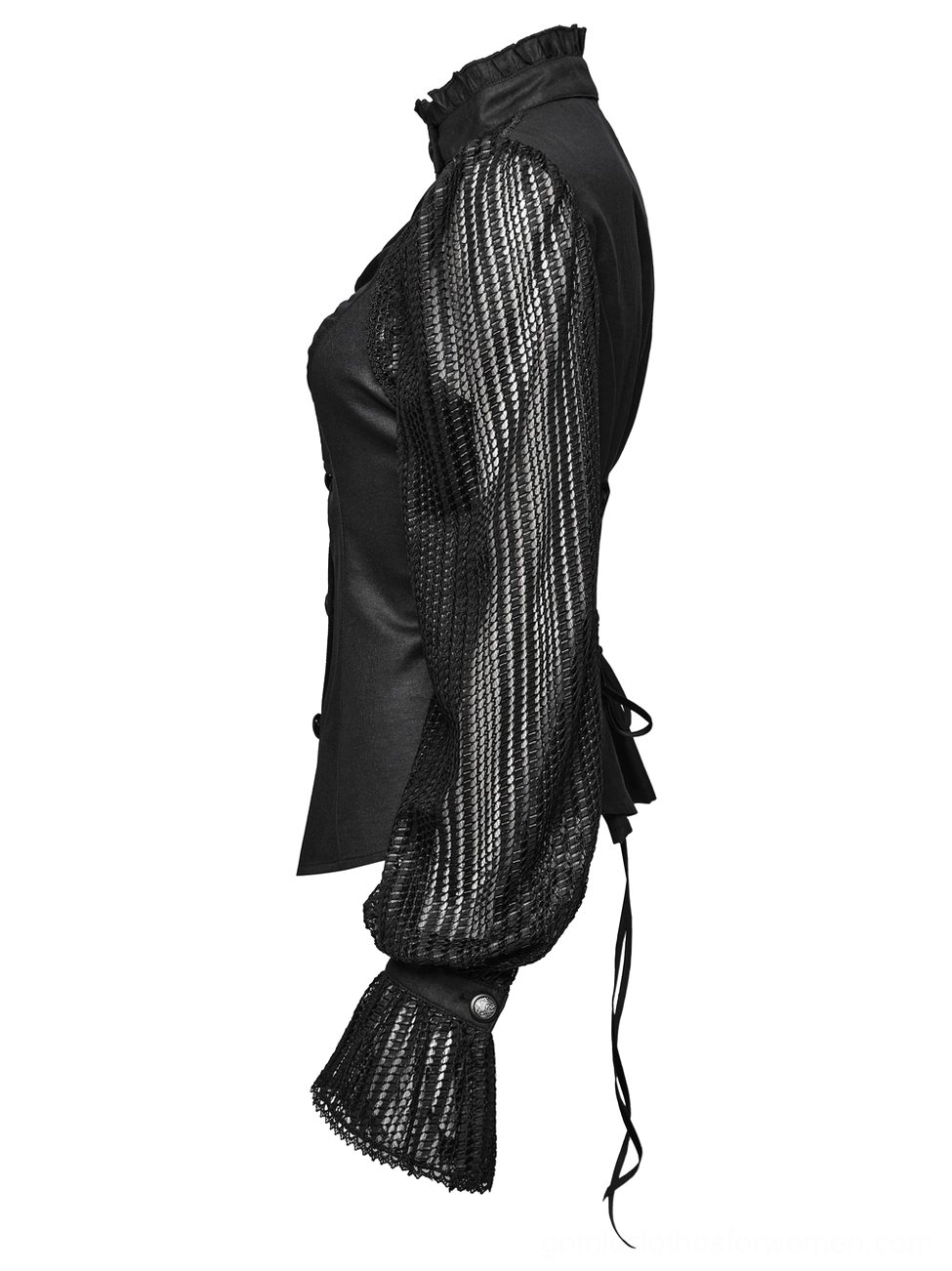 Black gothic pleated blouse side flat lay showcasing fitted silhouette and structured mesh lantern sleeve construction