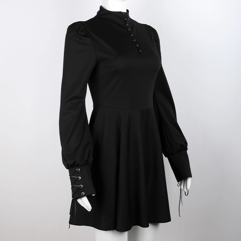 Black Gothic Lolita Dress Angled View - Structured Puff Sleeves and Lace-Up Cuffs