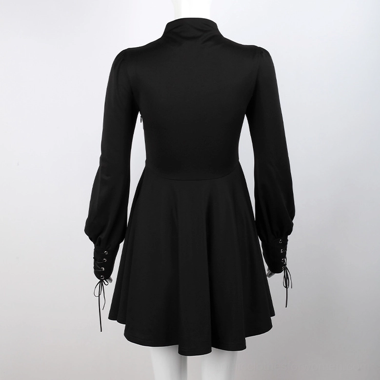 Black Gothic Pleated Mini Dress Back View - Minimalist Rear Design and Flared Skirt