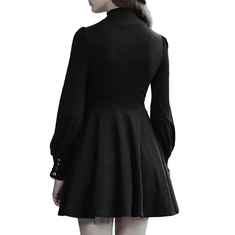 Black Victorian Gothic Dress Back View - Fitted Waist and Full-Length Puff Sleeves Detail