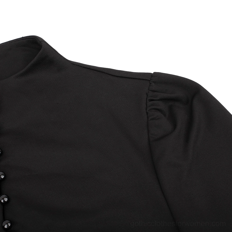 Black Gothic Pleated Dress Cuff Detail - Lace-Up Closure and Puff Sleeve Construction