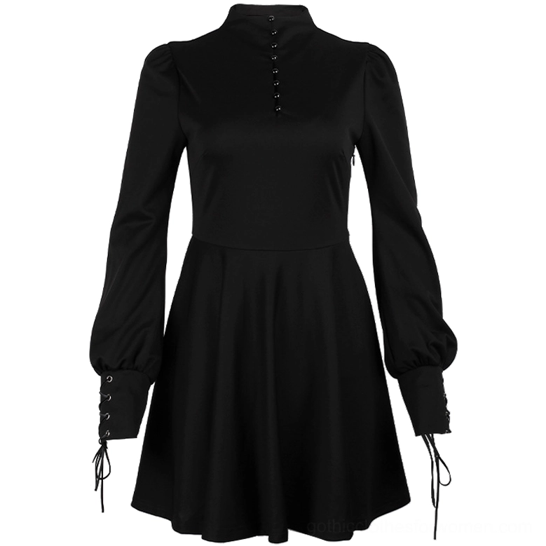 Black Gothic Pleated Mini Dress Flat Lay - A-Line Skirt and Lace-Up Cuff Details