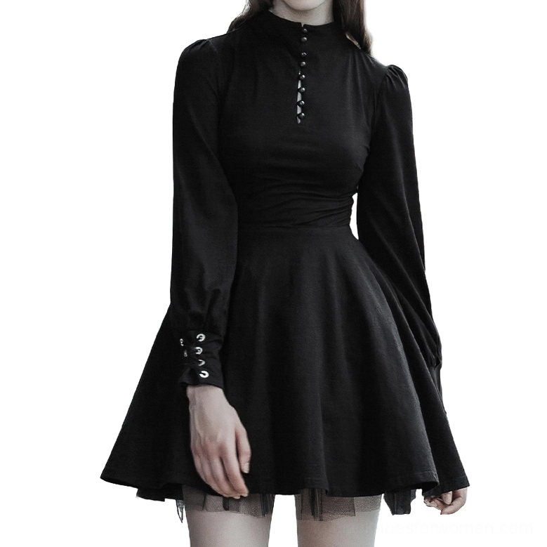 Black Gothic Pleated Mini Dress with Lace-Up Sleeves - Front View with Stand Collar and Button Details