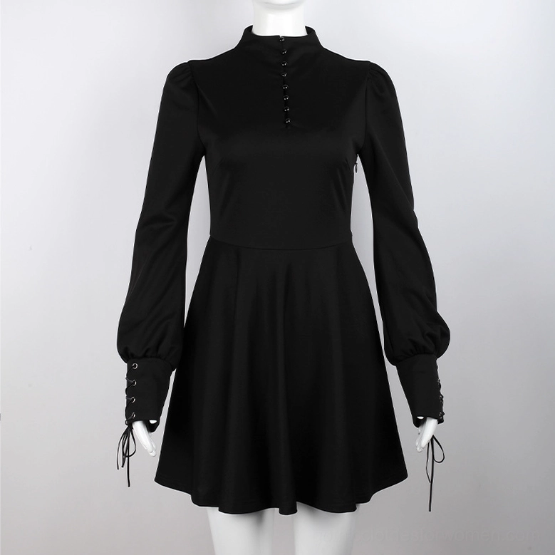 Black Victorian Gothic Mini Dress on Mannequin - Stand Collar with Button Closures