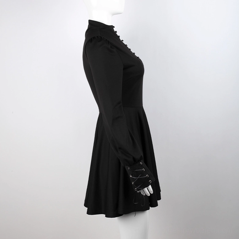 Black Victorian Gothic Dress Side Profile - Fitted Waist and A-Line Skirt Silhouette