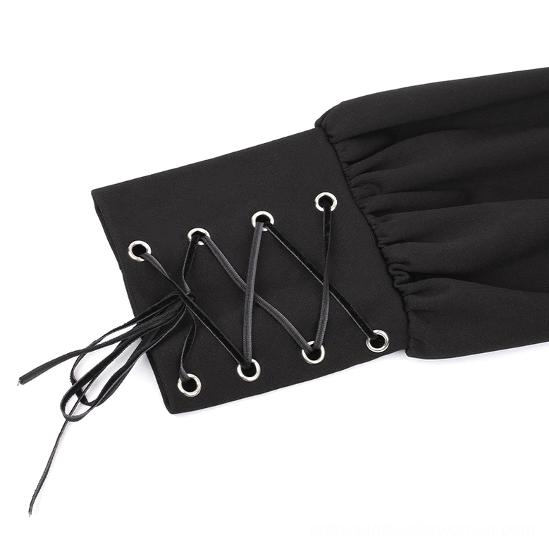 Black Victorian Gothic Dress Detail Shot - Puff Sleeve and Button Closures Close-Up