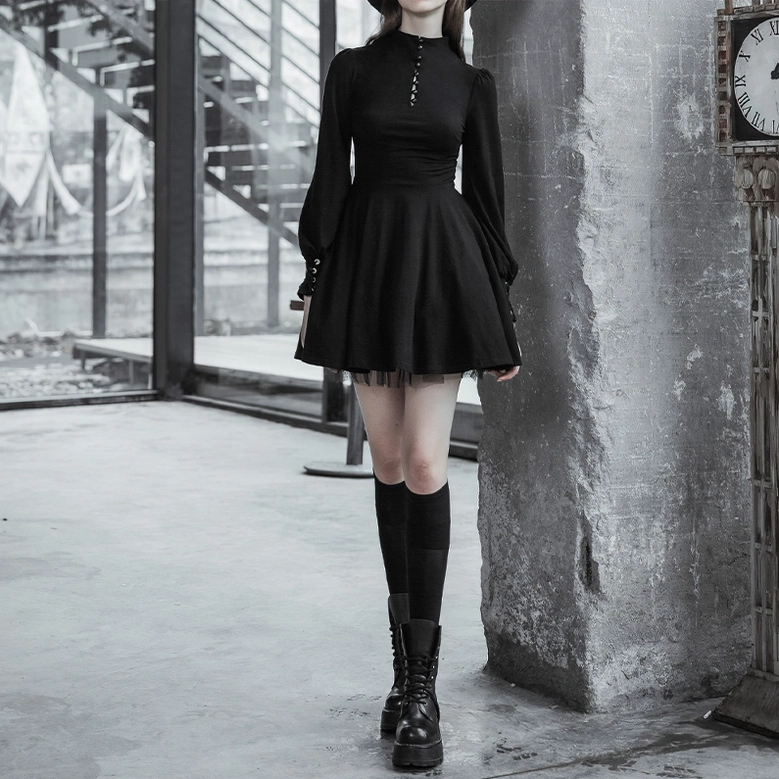 Black Gothic Pleated Dress Styled with Full-Body Model - Combat Boots and Long Socks Pairing