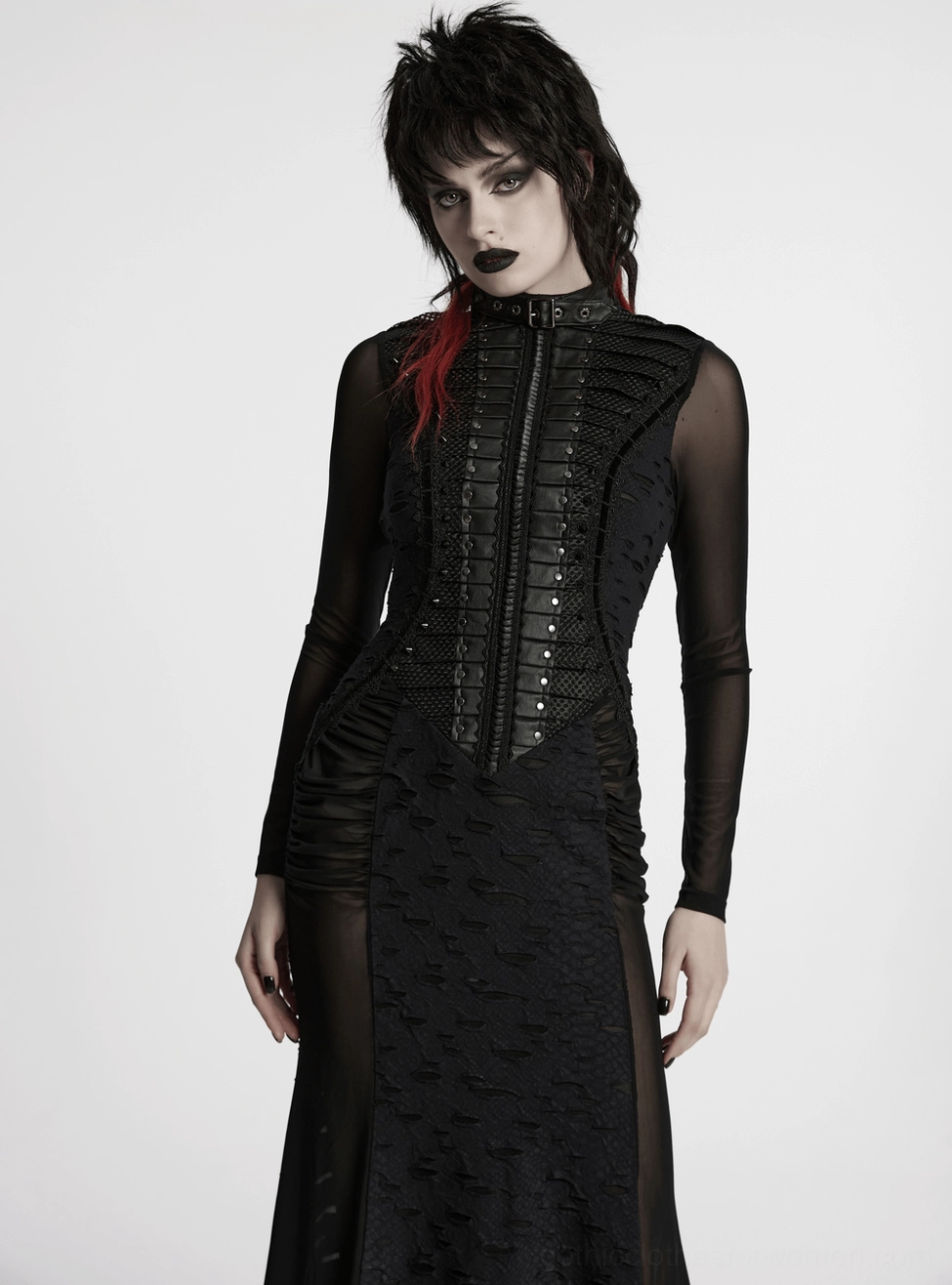 Gothic black maxi dress styling detail showcasing overall silhouette, mesh transparency, pleat arrangement, and tattered hem with side split for alternative fashion enthusiasts
