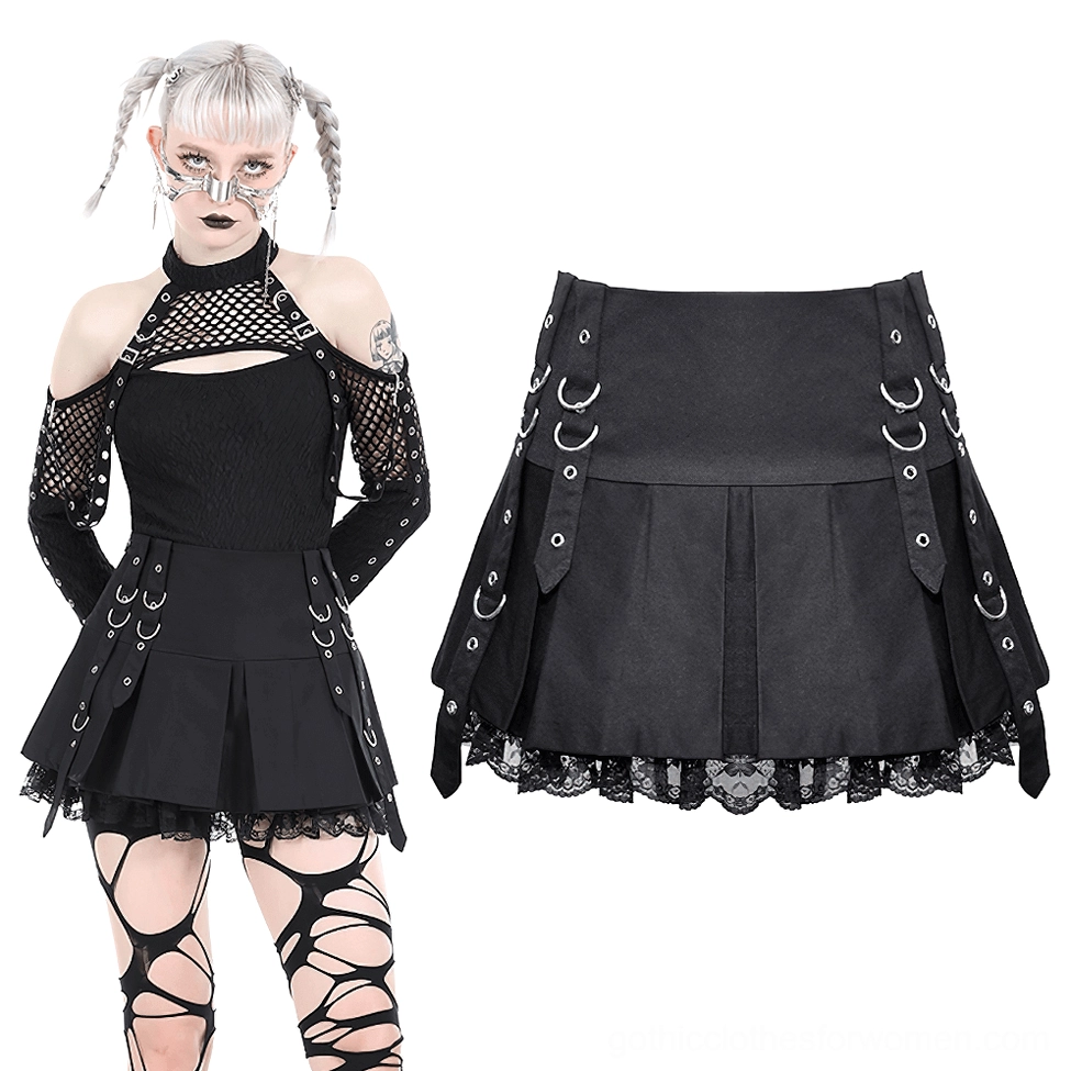 Punk gothic female model wearing black pleated mini skirt with O-ring hardware and flat lay skirt display