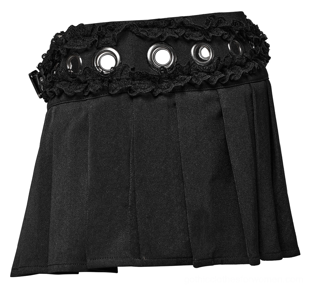 Black gothic pleated skirt flat lay angled view showcasing large metal eyelets, ruffled lace trim, and overall design composition