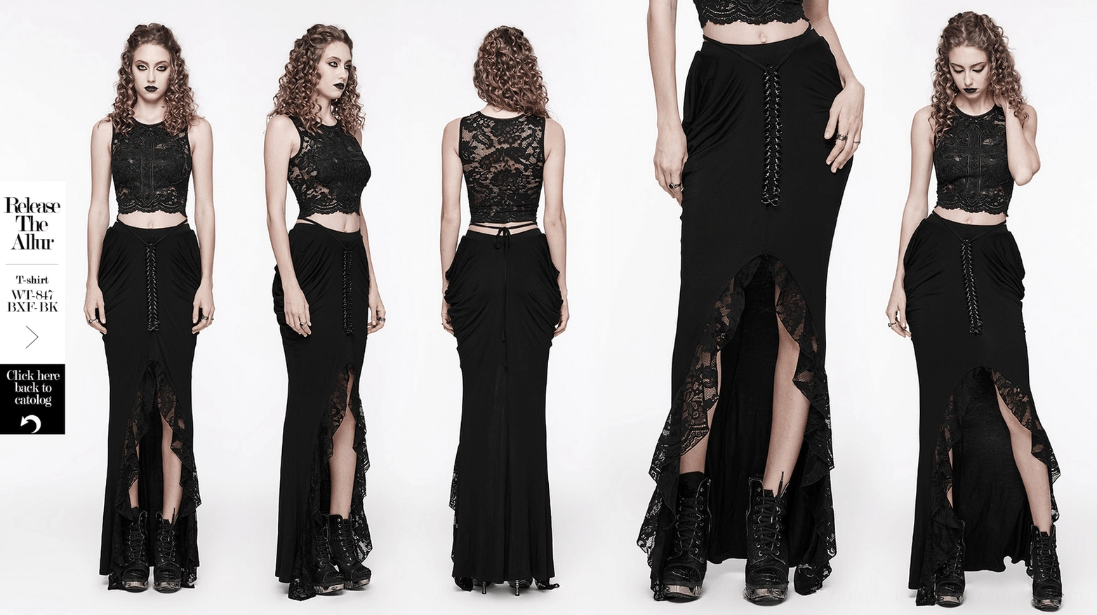 Black gothic pleated skirt front full-body view on model with lace and iron chain details complete style