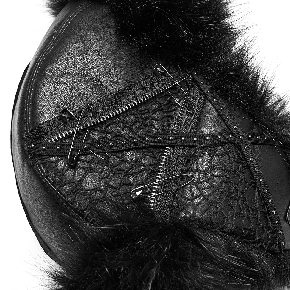 Black gothic plush trapper hat with metal studs and ear protection flaps for winter wear