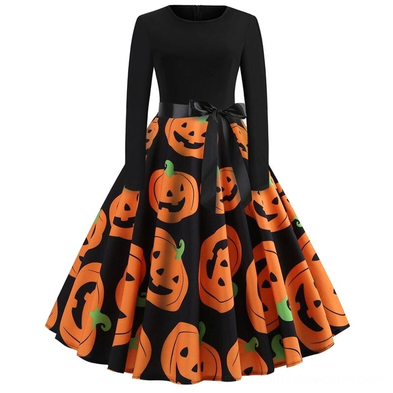 Black gothic pumpkin print dress back view showing invisible back zipper and flared skirt