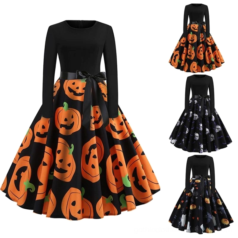 Black gothic pumpkin print long-sleeve dress with A-line silhouette and waist bow sash - front view