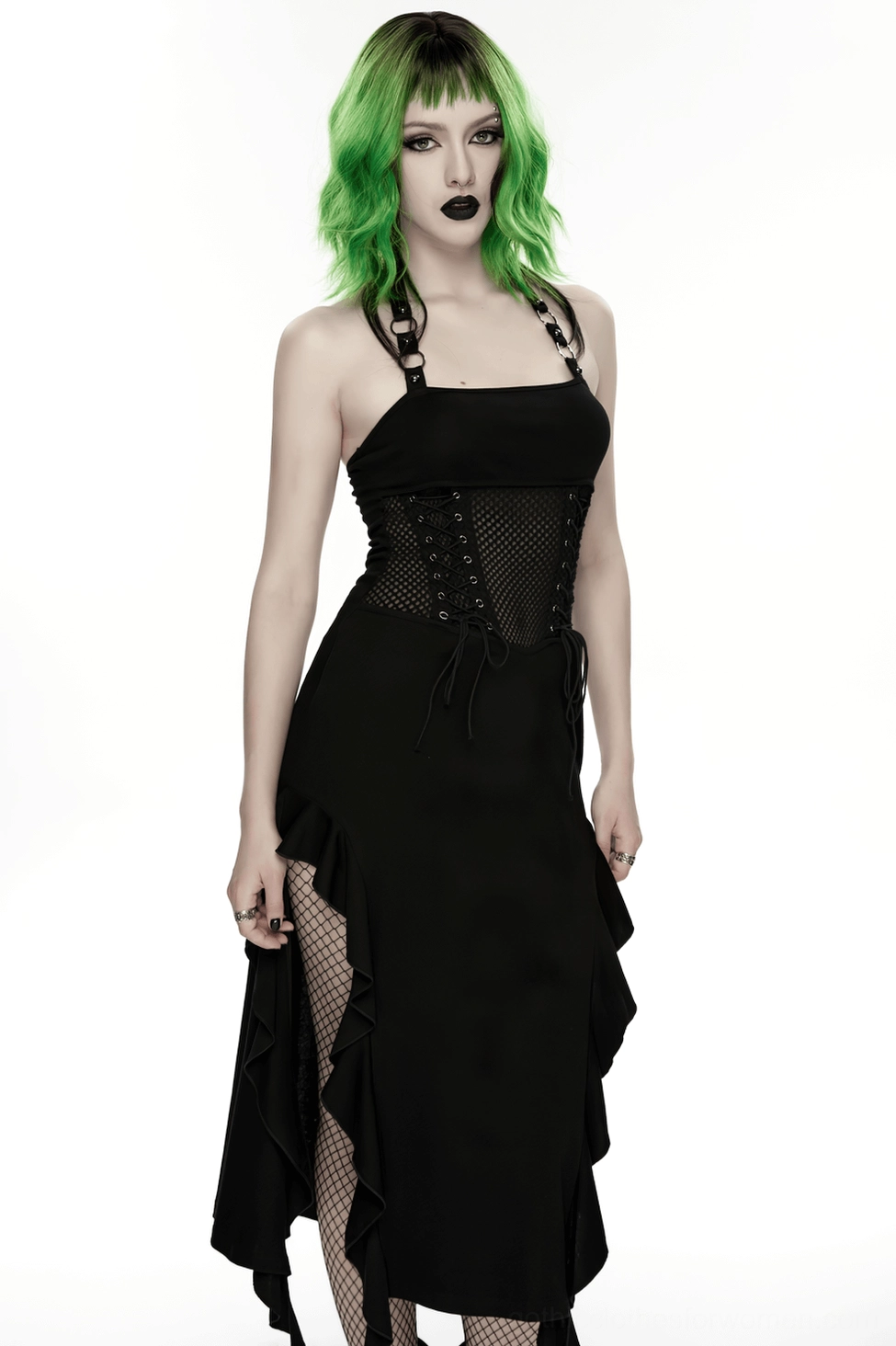 Black gothic punk halter dress featuring mesh construction, corset waist detailing, and asymmetric ruffled hemline