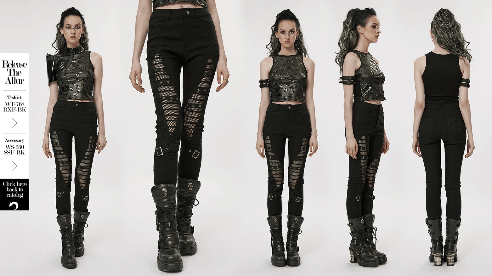 Black gothic punk jeans overall construction view, thigh zippers utility loops and riveted accents