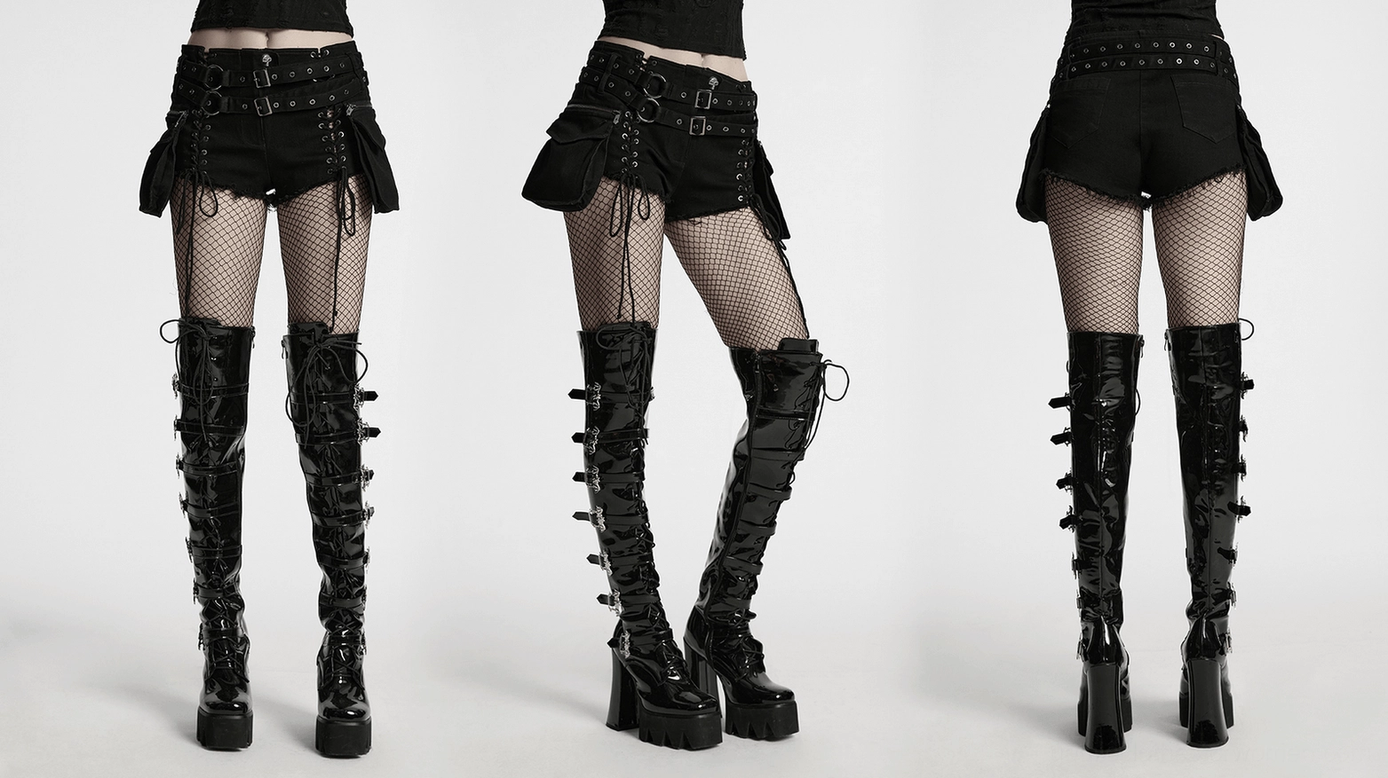 Full product display of black lace-up gothic punk shorts with emphasis on detachable pouches and double metal belt loops