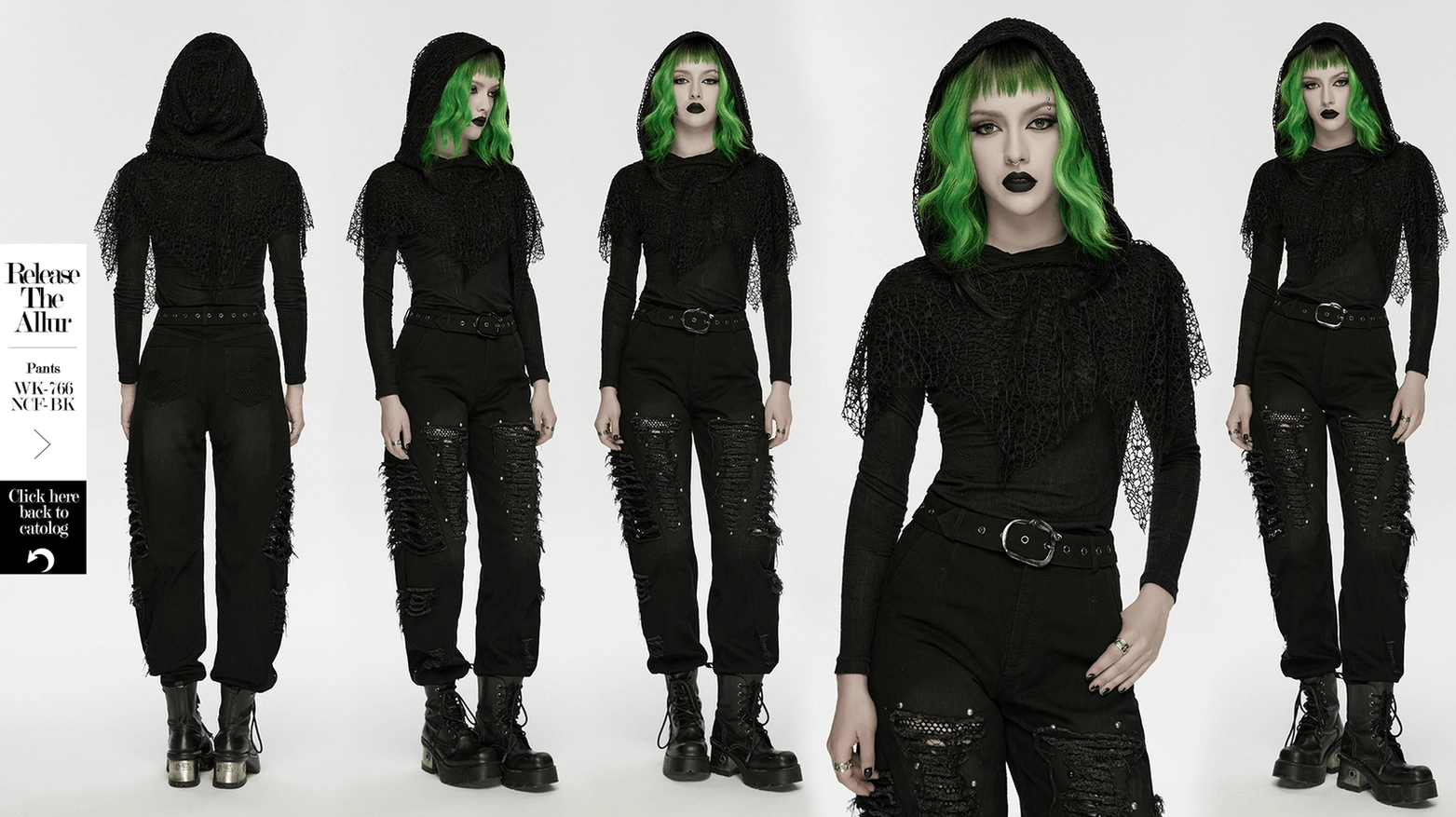 Black gothic mesh hooded punk top detail view of hood lining and interior construction