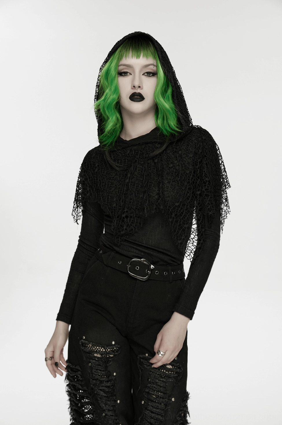 Black gothic mesh hoodie mesh overlay and cape layer detail demonstrating ethereal design