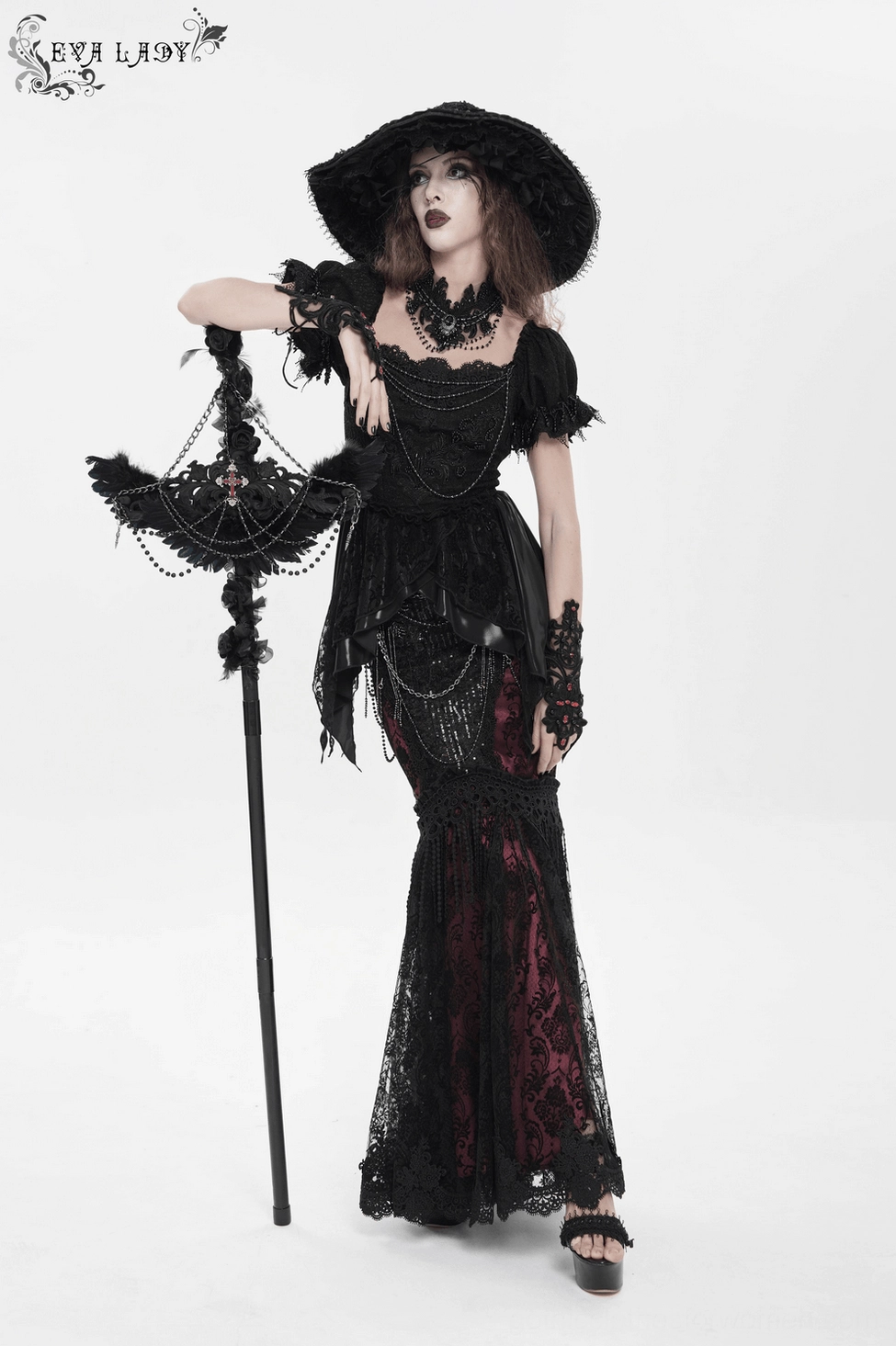 Black gothic raven cross ceremonial staff full-length view with feathered sections and beaded chain elements