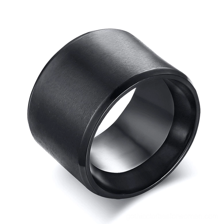 Black stainless steel gothic ring with matte finish, 3/4 front oblique view showing substantial band width and polished inner bore detail