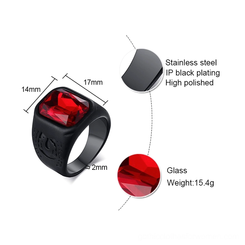 Black stainless steel gothic ring size and specification diagram flat lay technical view