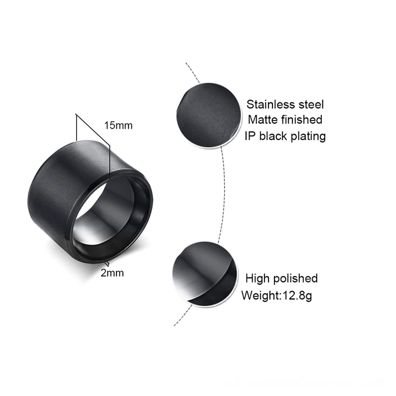Black stainless steel gothic ring technical specifications showing 15mm width, 2mm thickness, 12.8g weight, and IP black plating