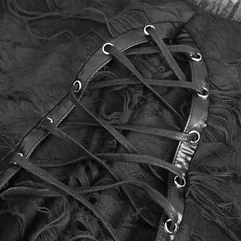 Black gothic ripped dress with long gloves worn with alternative styling, boots and fishnet accessories coordination