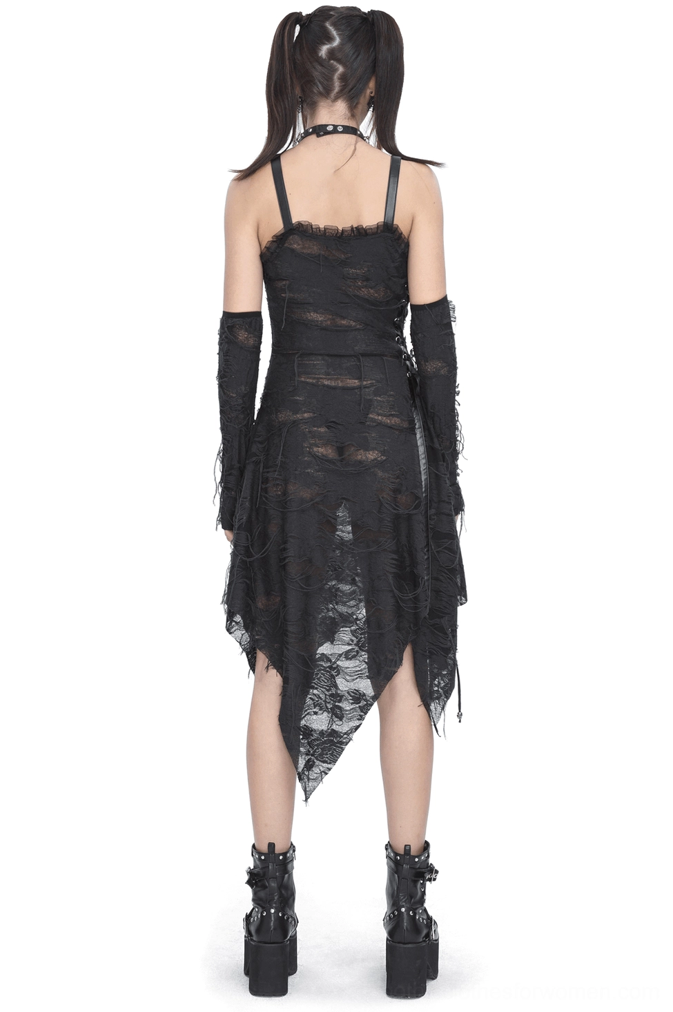 Black gothic ripped dress back view on goth model showing asymmetrical hem and long gloves, torn lace overlay