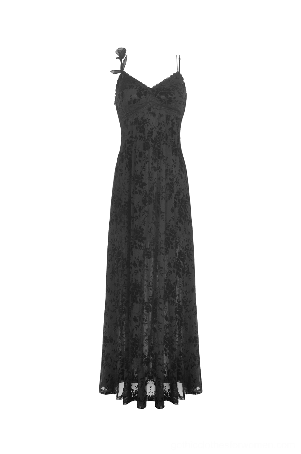 Black gothic velvet rose maxi dress flat lay front view showing spaghetti straps and floral pattern