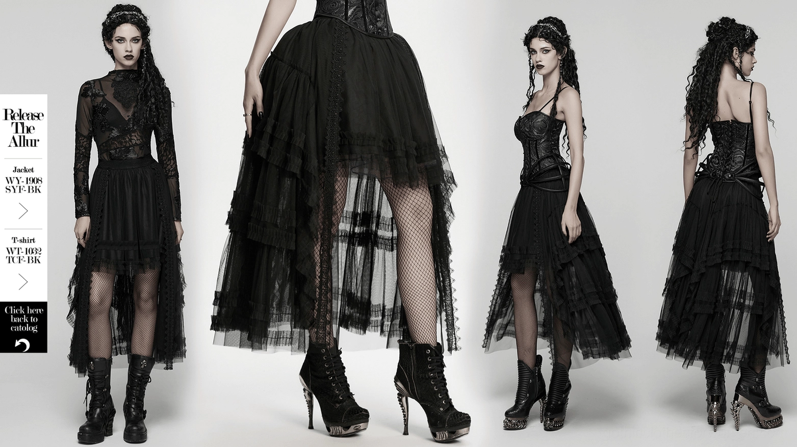 Black gothic layered mesh skirt full view showcasing elegant rose jacquard and sheer mesh layer combination
