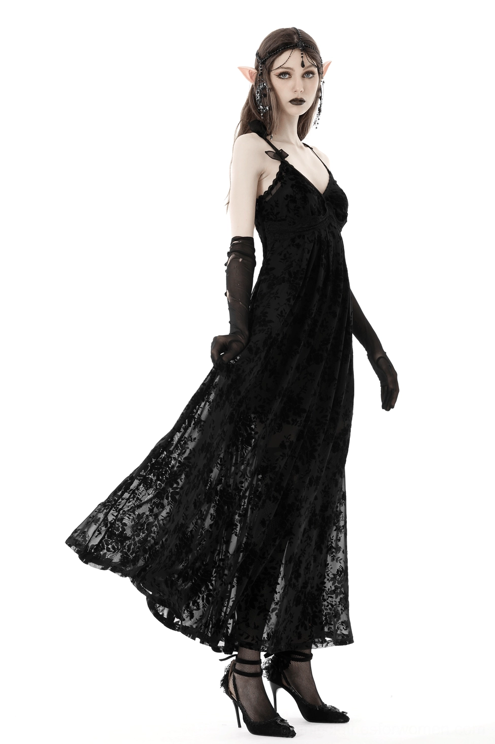 Black gothic velvet rose lace maxi dress full ensemble showing Victorian-inspired silhouette