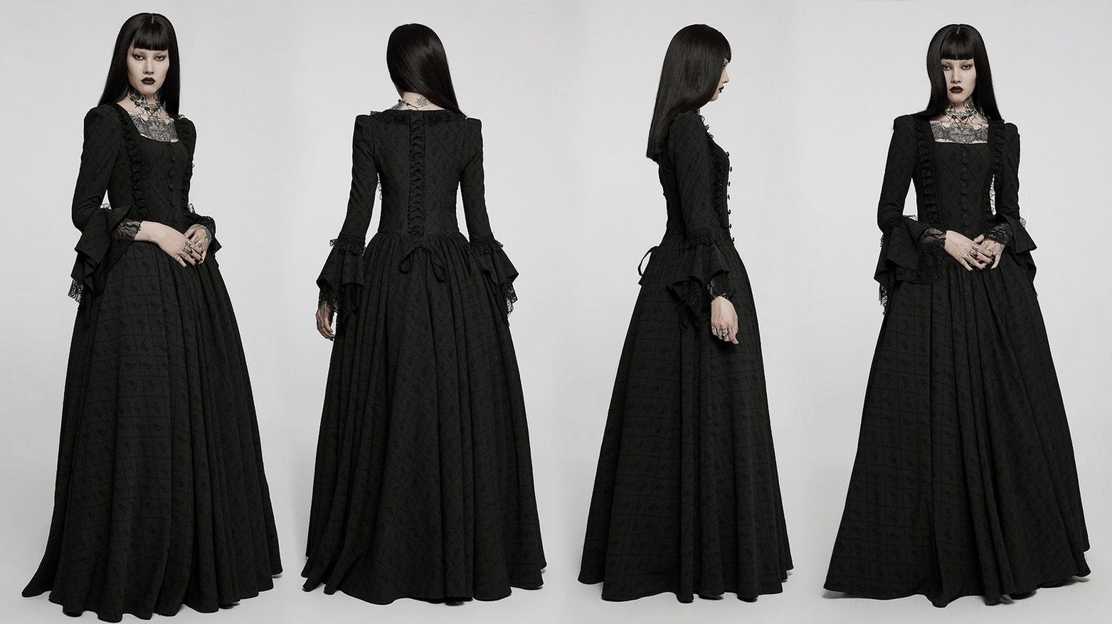Black gothic rose-weave adjustable gown - full product display with all design features visible