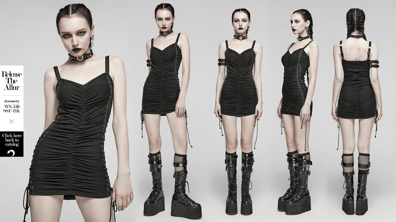 Black gothic ruched mini dress complete product shot featuring all key design elements and alternative fashion appeal