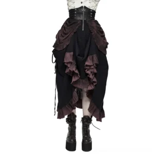 Black multi-layered ruched gothic high-waist skirt front view on model with platform boots
