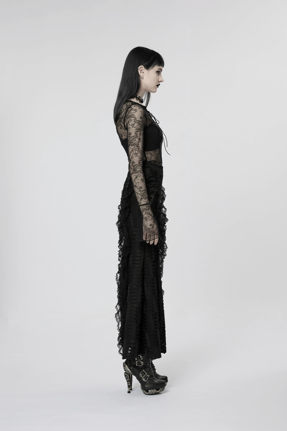 Black gothic ruffle maxi skirt front presentation view with full length perspective showing dramatic floor-length hem