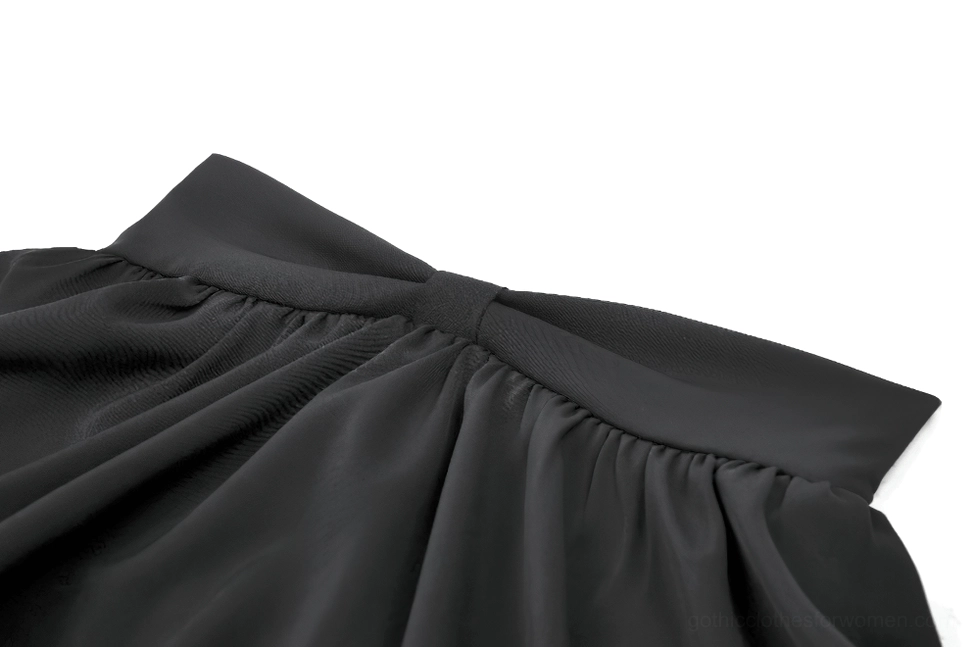 Black gothic ruffle mini skirt close-up of structured satin bow waist detail with neat stitching