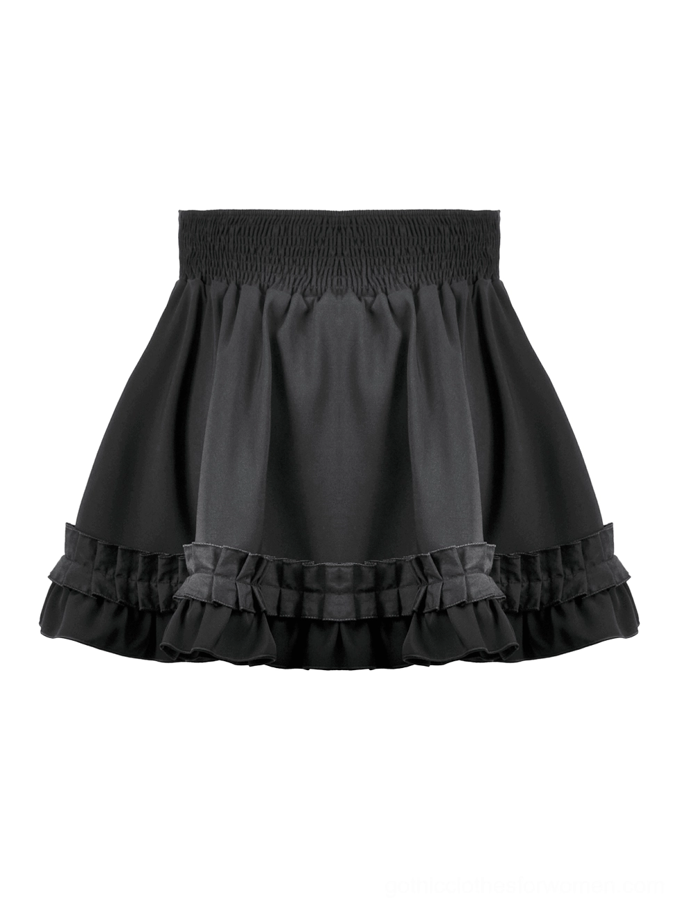 Black gothic ruffle mini skirt flat lay back view showing smocked elastic waistband construction