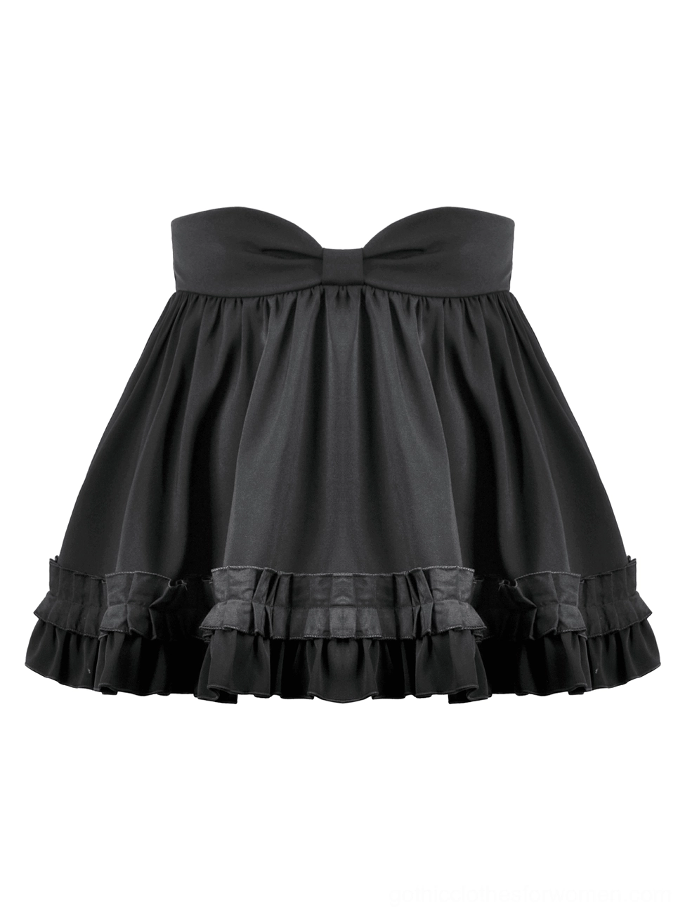 Black gothic ruffle mini skirt flat lay front view showing structured satin bow and layered ruffle hem