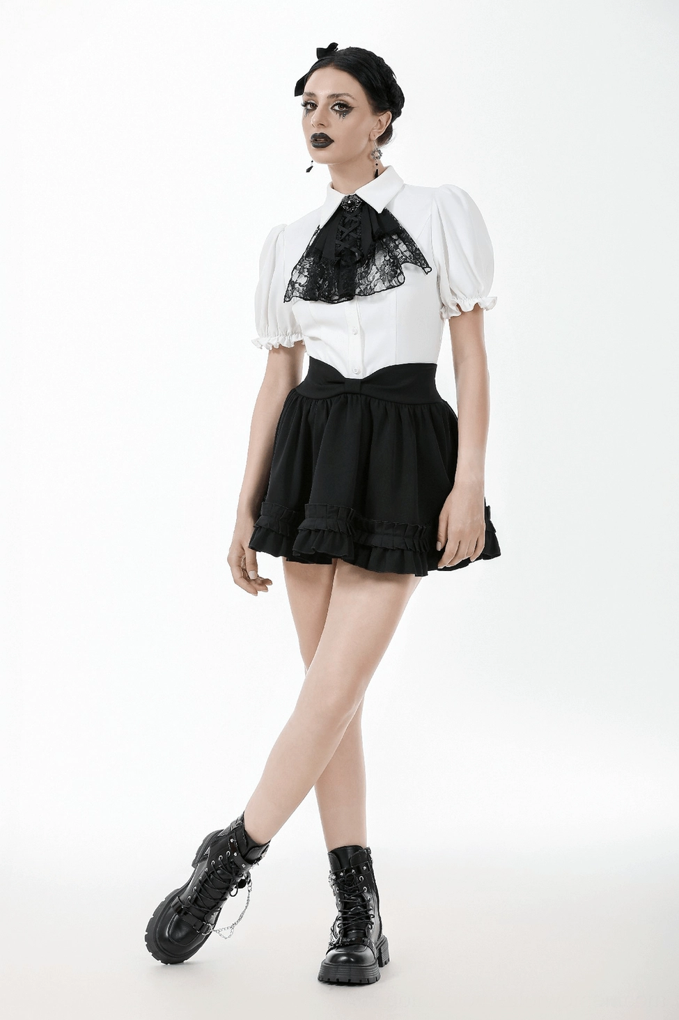 Black gothic ruffle mini skirt full-length flat lay showing overall silhouette and proportions