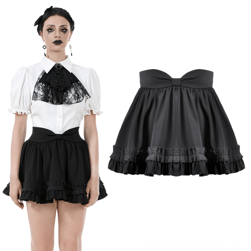 Black gothic ruffle mini skirt front right angle view featuring satin bow and pleated ruffled hem