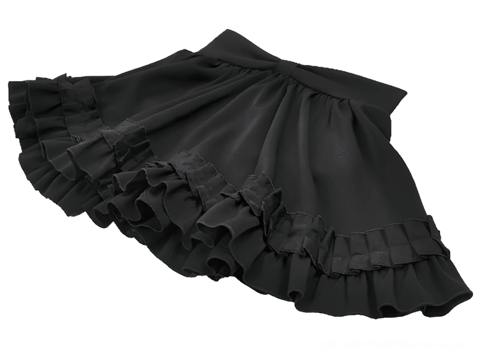 Black gothic ruffle mini skirt side angled flat lay view showcasing flowy silhouette and ruffled hem detail