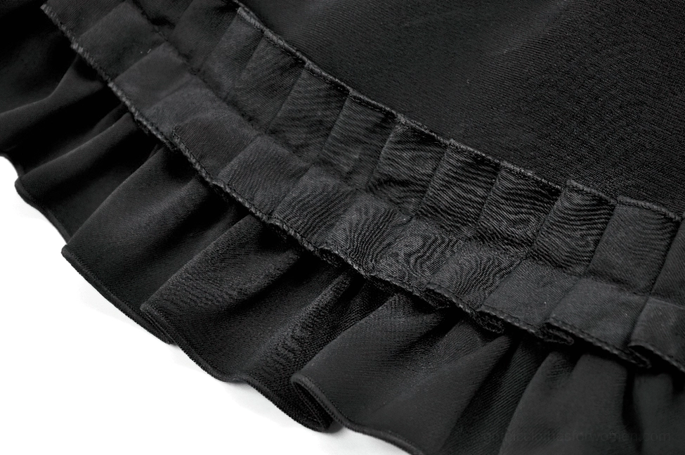 Black gothic ruffle mini skirt size comparison and styling inspiration with alternative fashion accessories