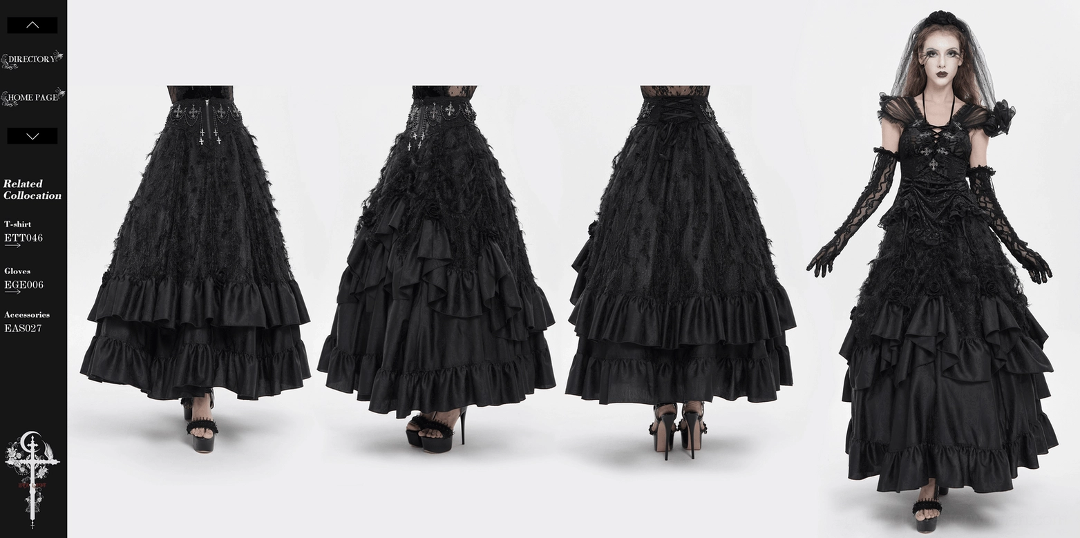 Black gothic ruffle maxi skirt complete ensemble view for alternative fashion and goth events