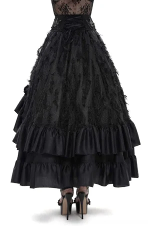 Black gothic ruffle maxi skirt back view showing corset lacing and layered ruffles with platform heels